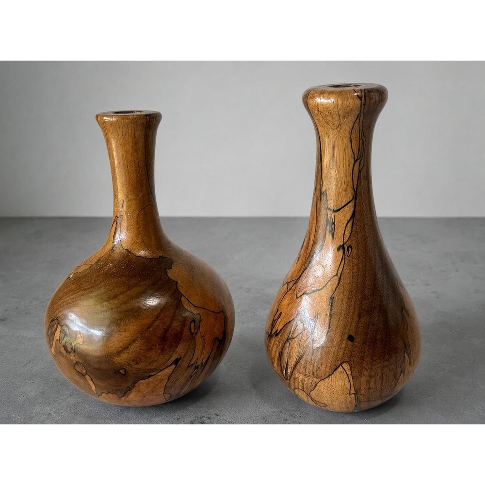 Vintage Hand Turned Spalted Burl Wood Bud Vases Signed RGS 1990 Studio Art
